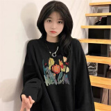 野原琳美式复古落肩卫衣女秋冬季2023年新款ins圆领宽松学生上衣外套潮 677黑色薄款（高品质纯棉） M