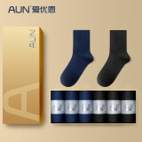 AUN总裁CEO男士袜子商务西装袜潮中筒棉袜运动休闲袜四季6双礼盒装 3黑+3藏蓝【四季】 男士均码[38-44]