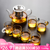 瓷牌茗茶具（cipaiming teaset） 透明玻璃茶具整套套装家用功夫茶壶茶杯会客泡茶器 透明把《八骏壶》6彩把杯