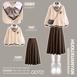 梓洛兰ZiLuolan2025春秋季套装学生韩版宽松学院风假两件毛衣+百褶半身 米白色毛衣+半身裙 2038# S 建议80-95斤