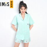 爱慕旗下爱美丽内衣女棉质翻领印花短袖短裤睡衣家居服套装萌宠猫IM46BCN1绿色160