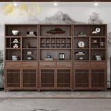 典昌 新中式北美黑胡桃木博古架纯全实木茶室茶叶展示多宝阁置物柜子 老榆木三柜组合300*35*200cm