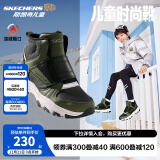 Skechers斯凯奇儿童绒绒靴男女童冬季防滑儿童加绒运动鞋中帮棉靴302527L 男童-橄榄色-黑色-OLBK 32码