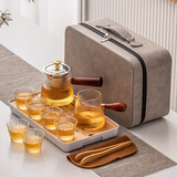 瓷牌茗茶具 旅行茶具套装便捷式耐热玻璃小套泡茶器旅游整套茶具 金竖纹茗雅侧壶8件+茶字盘+灰包