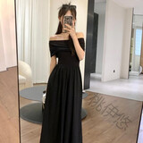 桃伊悠（taoyiyou）赫本风一字肩黑色连衣裙女新款收腰显瘦a字气质高级感休闲长裙子 黑色 XL