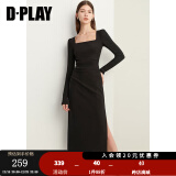 DPLAY2024秋季法式复古红色连衣裙方领红色回门服礼服订婚服女 经典黑 M