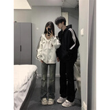 辰衣纯美式潮牌hiphop三条杠连帽开衫卫衣女2024春秋小众慵懒风情侣外套 白灰色（薄款/重磅优质版） M