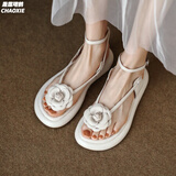 晟霆法式真皮夹趾凉鞋女2025夏季新款厚底山茶花罗马女鞋人字夹脚凉拖 米白 38 (240mm)