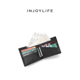 INJOYLIFE男女短款钱包 两折小钱包情侣真皮十字纹 青年简约皮夹 黑色 - 新LOGO