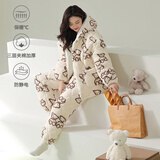 娇彩梦情侣睡衣男女士冬季三层夹棉加厚加绒珊瑚绒保暖棉衣家居服套装 2210-奶杏（连帽女） M 【三层加厚暖暖衣】