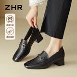 ZHR头层牛皮单鞋女通勤风粗跟皮鞋女方头乐福鞋两穿女鞋 KM01 黑色37