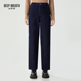 深呼吸DEEP BREATH女装撞色大口袋高腰直筒休闲加绒牛仔长裤女A100298 深蓝 L (4)
