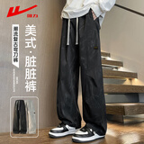 回力休闲裤男美式脏脏裤夏季宽松透气扎染裤子男复古弯刀裤黑色XL