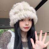 ALFB兔毛帽子女冬季新款加厚秋冬天保暖毛线针织帽渔夫毛绒醒狮帽 米白色