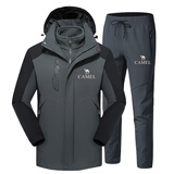 骆驼冲锋衣套装男女三合一可拆卸加绒加厚防水防风户外大码登山外套装 男-军灰+灰裤[一整套] 2XL 男 [建议140-155斤]