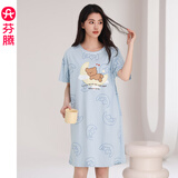 芬腾睡裙女士夏季薄款短袖纯棉大码可爱睡衣家居服全棉女款连衣裙 FX25290103灰兰 L 建议:110-125斤
