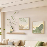 见造石来运转中古风客厅装饰画2026新款电视沙发背景墙挂画餐厅墙 山山而川A 方形(50*50)cm*2+精雕95*35cm 金色铝合金画框【高透晶瓷工艺】随机赠送绿植