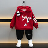 迪士尼（Disney）男童加绒套装新款宝宝衣服秋冬儿童卫衣韩版中小童保暖连帽两件套 酒红色熊猫挂件套装（春秋） 100 码 建议2-3岁 体重25-30斤
