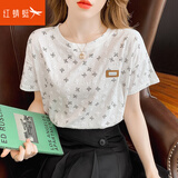 红蜻蜓纯棉短袖t恤女白色半袖女士春夏装新款宽松春夏季时尚老花体恤 蝴蝶花 M