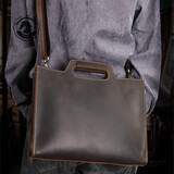 ANDSEEYOU 文件包男 真皮单肩斜挎包 疯马皮商务手提电脑包 头层牛皮公文包 深棕色