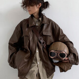 7家优品夹克秋日系复古痞帅PU机车皮衣男美拉德情侣中性宽松百搭皮外套潮 LRB-W74棕色 XL