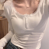 妙奕嘉白色打底衫女可外穿内搭修身蕾丝纯欲上衣秋季贴身长袖t恤冬季 蕾丝花边纽扣长袖 M 【建议90-105斤】