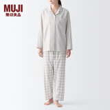 无印良品（MUJI） 女式 无侧缝双层纱织睡衣女士家居服春秋纯棉条纹格纹长袖 浅米色格纹 M(上装160/84A下装160/66A)