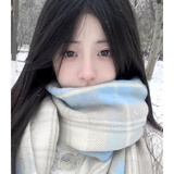 慕琼（MUQIONG）显白2024新款围巾女秋冬季韩版百搭高级格子披肩情侣围脖男保暖 米浅蓝[百搭热卖款]