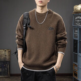 古先森高端重磅复古粗针圆领毛衣男宽松大码冬季保暖休闲潮牌针织衫线衣 咖色 XL 【140-160斤】