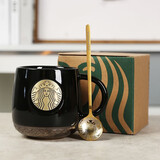 星巴克（Starbucks）杯子陶瓷马克杯经典黑白情侣咖啡水杯带盖勺大容量家用礼物盒装 黑色单杯+金色勺子