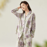 顶瓜瓜女士开襟印花套装纯棉翻领透气家居服套装 鸢尾颂紫花 175