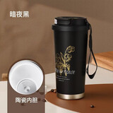 物物优新款无缝双饮保温杯咖啡杯高颜值男生女生礼品水杯 兰玲花暗夜黑-陶瓷内胆  500ml 下单送杯刷