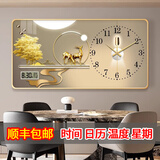 雅轩妮2026年新款餐厅装饰画带电子钟表挂钟客厅墙面家用时钟画万年历画 A款【福禄相伴】 晶瓷面60*30CM【时钟+日历】 金色PVC框