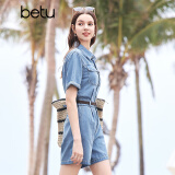 百图betu女装夏季新款连体裤复古水洗牛仔工装连体裤女2404D05 牛仔色 XS