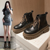ZHR马丁靴女英伦风真牛皮舒适百搭厚底增高女靴INS网红街拍加绒短靴 黑色（G631-单里） 36