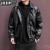 JEEP SPIRIT翻领皮夹克男士秋季新款潮牌机车美式宽松休闲皮衣外套男 PY09黑色 XL