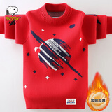 史努比男童毛衣加绒加厚圆领儿童针织衫冬季保暖红色男孩中大童打底线衣 红色加绒 160(建议身高150左右)