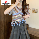 皮尔卡丹（pierre cardin）波西米亚风刺绣镂空设计感冰丝针织衫女夏民族风流苏钩花短袖上衣 卡其色 均码 80-120斤