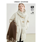 VEGA CHANG连帽羽绒外套女中长款2025冬新款白鸭绒哑光皮面包服羽绒服  米杏色中长款（寒冬区域推荐） S
