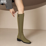 晟霆小筒围真皮不过膝长靴女秋冬新款加绒百搭骑士靴平底侧拉链高筒靴 军绿色单里 36 (230mm)