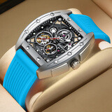 马克华菲（FAIRWHALE）手表男士国潮机械表酒桶形镂空全自动男表时尚学生防水瑞士风腕表 银壳蓝色胶带