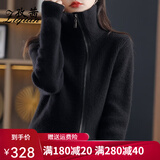 孜茜 秋冬新款高领羊毛衫开衫女慵懒范宽松斜拉链加厚毛衣短款针织衫外套 黑色 XXL
