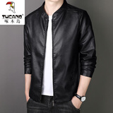 啄木鸟海宁真皮皮衣男春秋薄款皮衣立领休闲帅气机车大码高档绵羊皮夹克 黑色(高档绵羊皮) 薄款 2XL 140-155斤