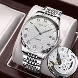 摩尔多瑞士全自动镂空机芯手表男士防水夜光机械风时尚潮流钢带男士腕表 A51间金白面【镂空】 41mm