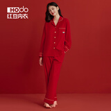 红豆（Hodo）情侣纯棉睡衣女红色本命马年男士结婚骐骥红全棉可外穿家居服套装 女士红色-招财进宝 L (165) 女士