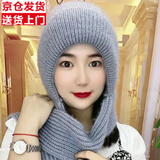 野外寻梅毛线帽子女围巾一体加厚风雪帽秋冬新款松鼠绒毛线编织女学生保暖 一体风雪帽-灰 均码
