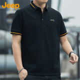 吉普（JEEP）短袖T恤男夏季Polo商务休闲衫男士宽松凉感衣服男装 黑色 4XL 