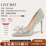 Lily Wei怦然心动法式高跟鞋仙女水晶婚鞋细跟尖头新娘蝴蝶结 银色【跟高10厘米】 38