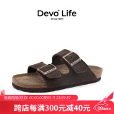 Devo Life的沃软木拖鞋男女同款情侣绒面夏季勃肯鞋一字凉鞋休闲拖鞋2618 深棕反绒牛皮 34