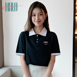 Halo QueenPOLO衫短袖T恤女夏季简约字母美式猫咪印花T恤H142T1003